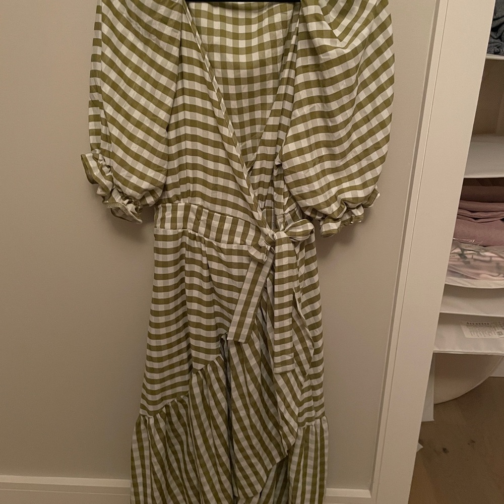 Green and White Striped Wrap Dress - puff sleeves and ruffle hem - Picture 4 of 4